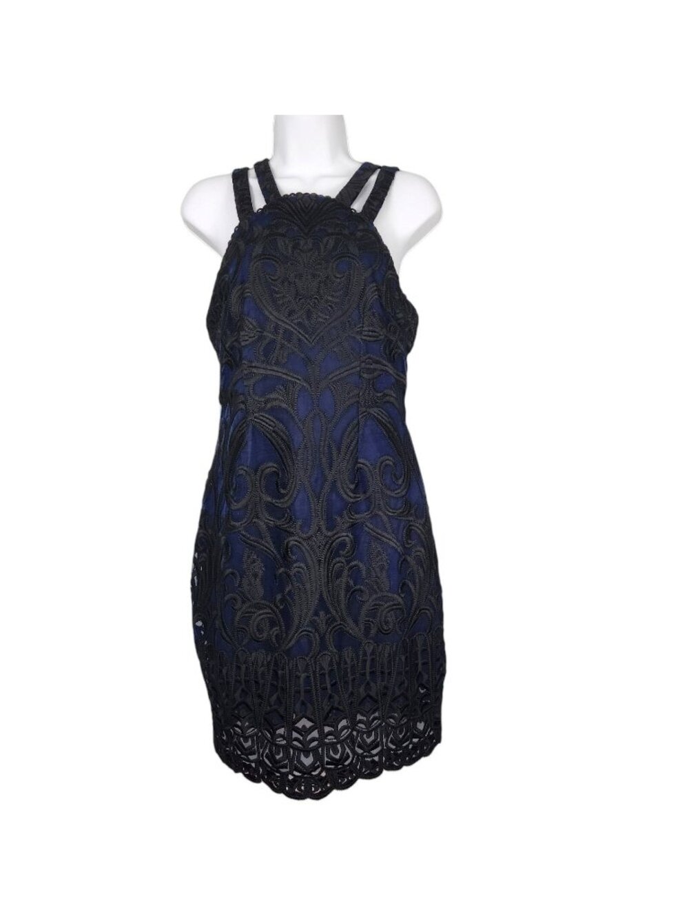 Foxiedox Navy Blue & Black Lace Sleeveless Dress Size Small Strappy Cocktail